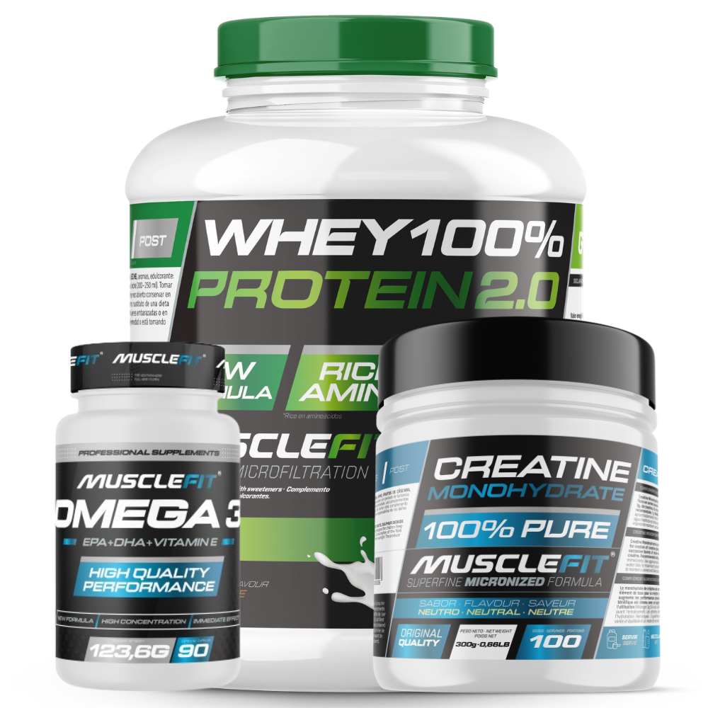 Pack Proteína WHEY 2kg + Creatina 300g + Omega 3 90cáps - Musclefit  Avance Muscular│Mas musculos│Vitaminas
