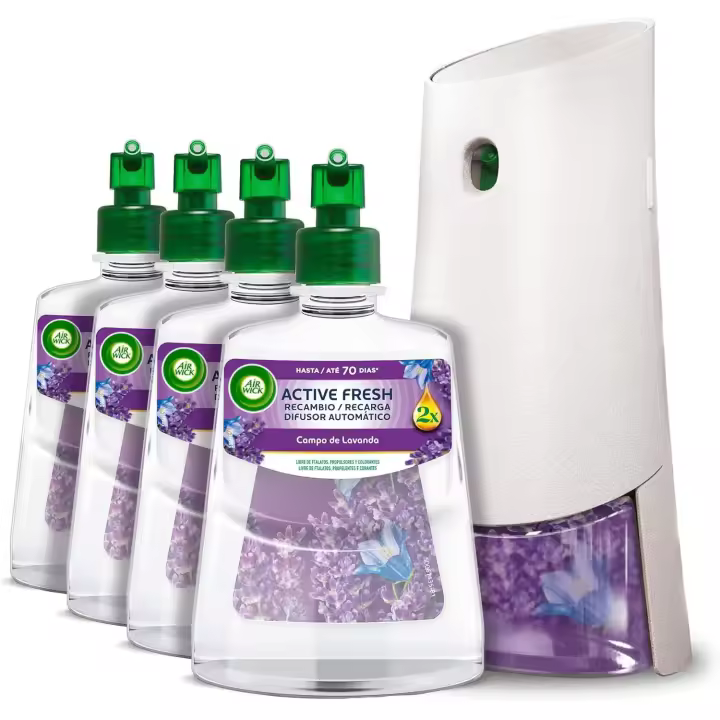 Air Wick Active Fresh Spray Automatico Sin Aerosol - Ambientador para casa con aroma a Lavanda - 4 Recambios + 1 Difusor, 280 días de fragancia - 1