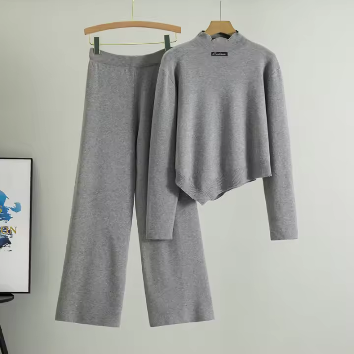 Conjunto Deportivo Casual Para Mujer Otoño Invierno Moda Dos Piezas Conjunto Slim Pantalones Anchos Suéter O-Neck Polyester Viscosa - 1