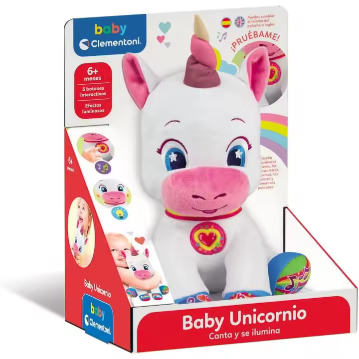 Clementoni ++ Baby Unicornio Peluche Interactivo para Bebés a Partir de 6 Meses, Estimula Aprendizaje, Motricidad y Sentidos con Música, Luces y Actividades Educativas 55262 - 1