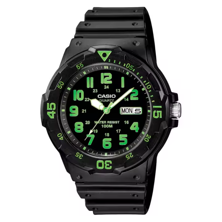 Reloj CASIO Collection MRW-200H-3BV Analógico para hombre correa caucho color negra con número verdes con calendario MRW200H3BV - 1