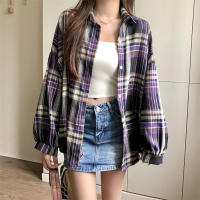 Camisa Plaid Morada Para Mujer Manga Larga Abrigo Casual Suéter De Verano Con Botones Abiertos Estilo Joven Talla Grande - details 0