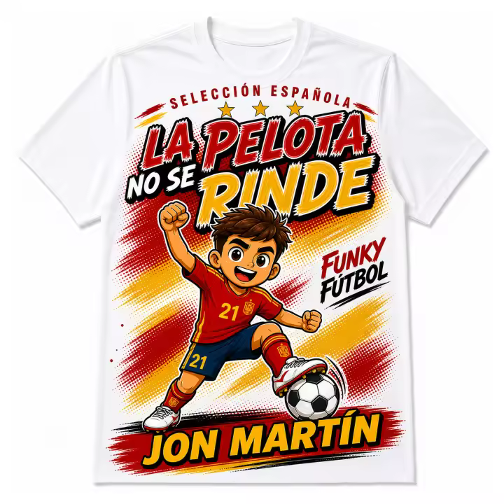 Stock Futbol Camiseta Blanca Selección Española 2026 Muñeco Funky Jon Martín, Frase La pelota no se rinde, Diseño Fútbol Rojo y Amarillo para Afición España - Talla S - 1
