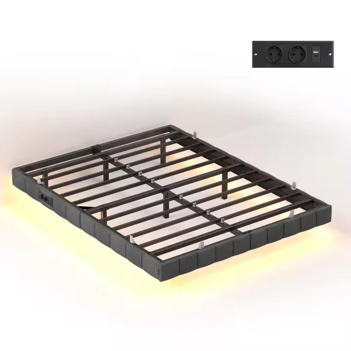 VASAGLE Marco de Cama Flotante, 140 x 200 cm, Bordes Acolchados, LED, 2 Tomas de Corriente, 1 Puerto USB-A, 1 Puerto USB-C, 1 Puerto USB-A Posterior, Carga de 500 kg, Gris Pizarra - 1