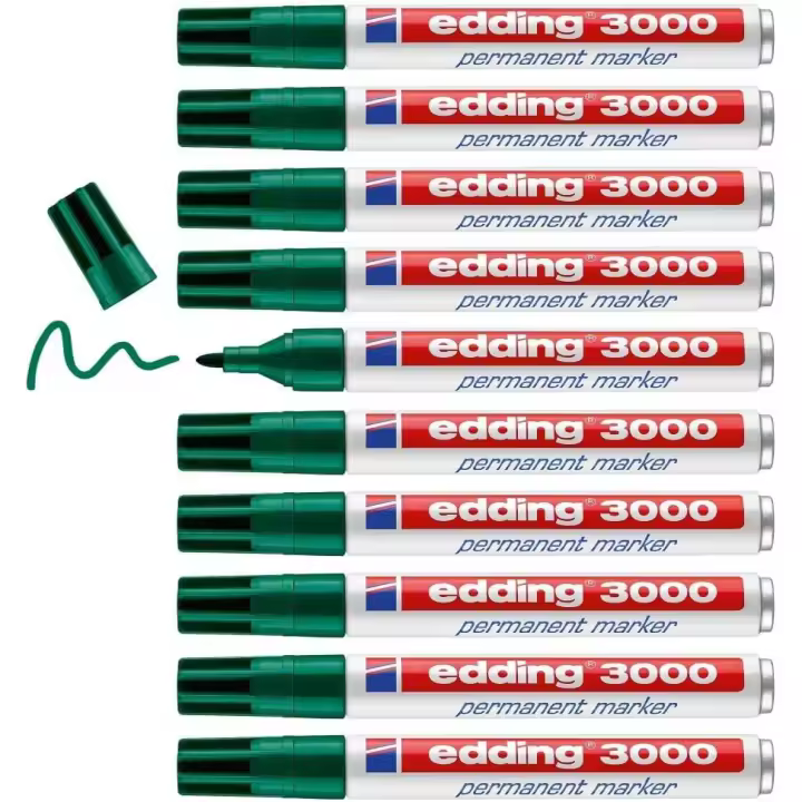 Edding 3000 marcador permanente Negro,Rojo,Azul,Verde,Amarillo,Naranja - 10 rotuladores - punta redonda 1,5-3 mm - indeleble de secado rápido - resistente al agua y a los borrones - cartón, plástico, madera, metal - universal calidad garantizada - 1