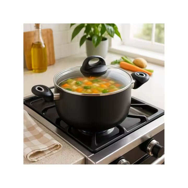 Olla antiadherente con tapa de vidrio y asas laterales resistentes al calor|Apta para cocina de gas, eléctrica o de inducción|Ideal para guisos, sopas, pastas y más|Diseño moderno, fácil de limpiar y resistente - 1