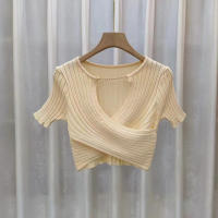 Top Ribbed Para Mujer Con Cadena Crisscross Y Cuello V Corto De Encaje Knitted Ajustado Estilo Y2K Para Primavera Verano - details 6