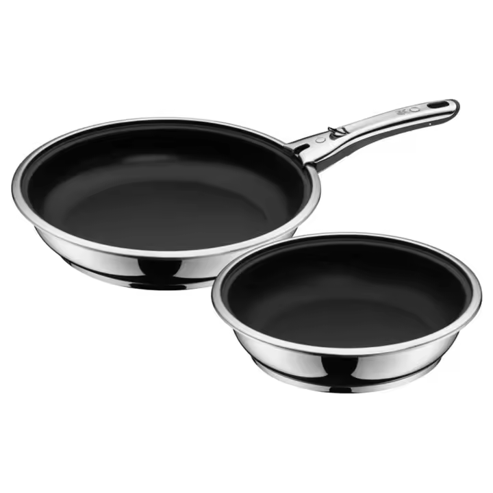 Set de 2 Sartenes Antiadherentes de 24 cm y 28 cm con Mango Extraíble Click & Serve de WMF, Acero Inoxidable Cromargan®, Apta para Inducción, Horno y Lavavajillas - 1