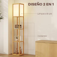 HOMCOM Lámpara de Pie con Estantes de Almacenaje, Lámpara de Madera Moderna, Bombilla E27, para Salón, Dormitorio, Oficina, Natural - details 3