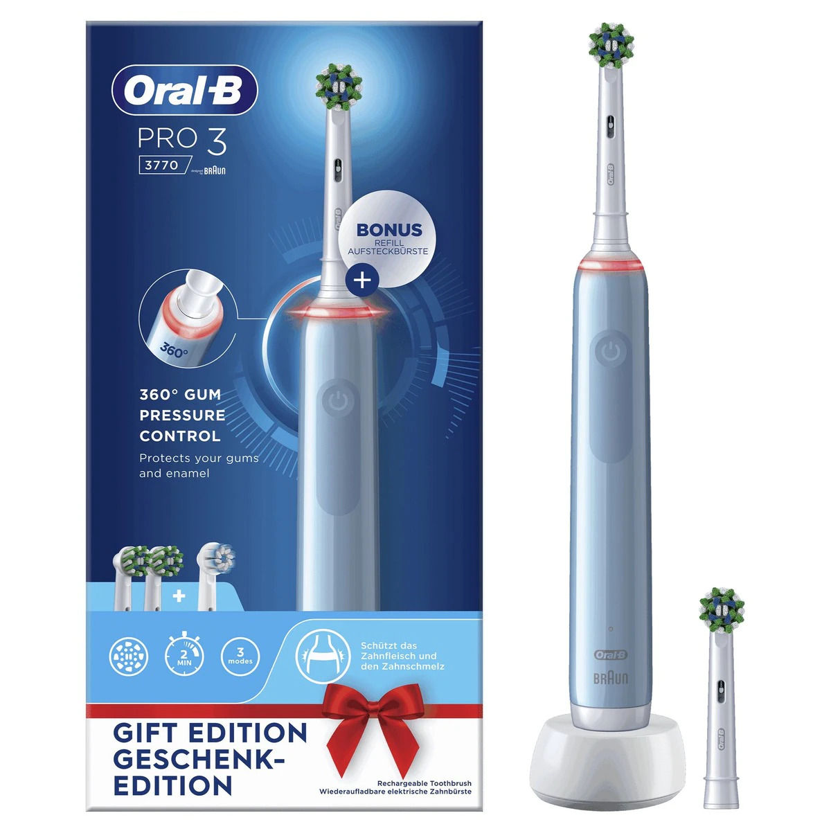 Oral-B Pro 3 3700 cepillo de dientes eléctrico con 2 cabezales de recambio azul, Producto Europeo con Garantía Oficial.