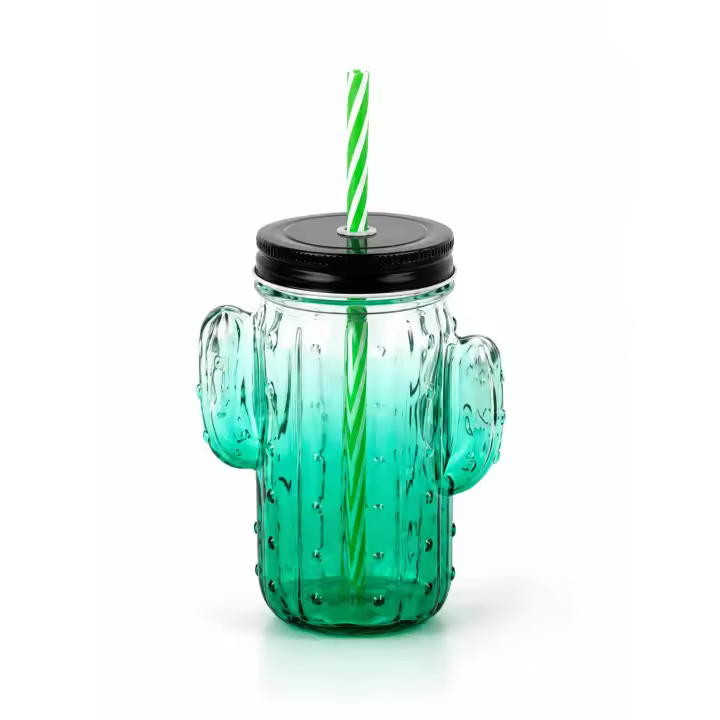 350ml Cactus Shaped Glass Tumbler with Lid and Straw | Cute Gradient Cactus Mason Jar Mug with Handles | Reusable Durable Glassware for Iced Coffee, Juice & Smoothies - 1
