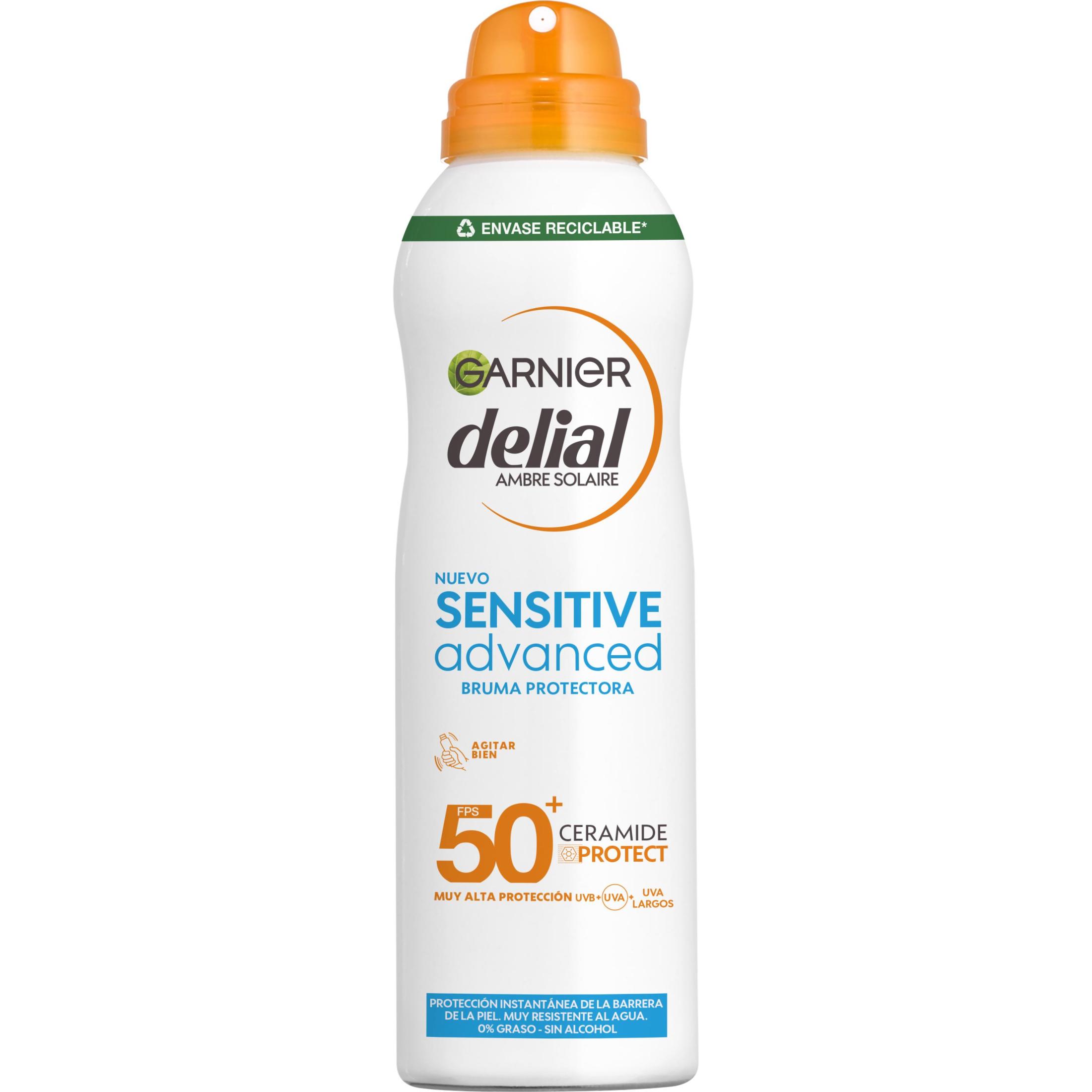 Garnier Delial Sensitive Advanced Bruma Protectora Solar para pieles claras, sensibles e intolerantes al sol IP50+. Muy resistente al agua, 0% pegajoso, 0% graso - 150 ml