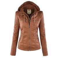 Chaqueta De Cuero Sintético Para Mujer Estilo Motociclista Con Capucha Negro Otoño-invierno Cierre De Cremallera Largo Regular - details 5
