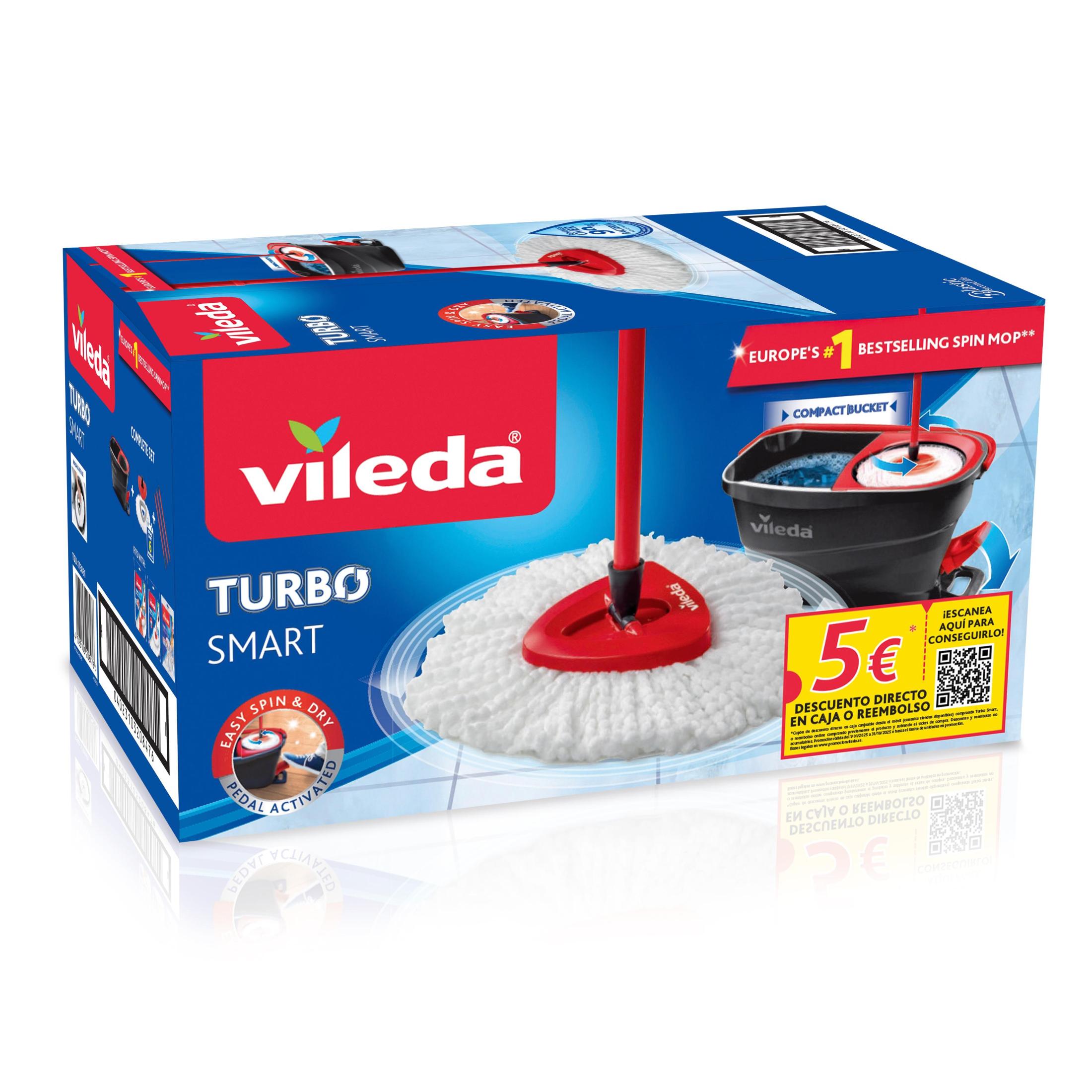 Vileda | Sistema Turbo Smart | Set completo de mopa con cubo escurridor antisalpicaduras | Elimina más del 99% de bacterias y virus incluso solo con agua * | Hecho 100% de Microfibra para eliminar cualquier suciedad.