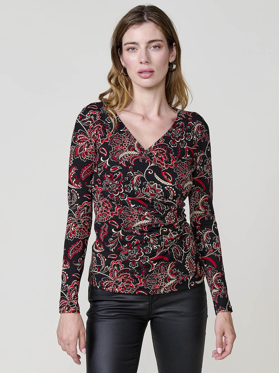 Koroshi Camiseta manga larga mujer escote cruzado, frunces en el frontal y estampado cachemira.