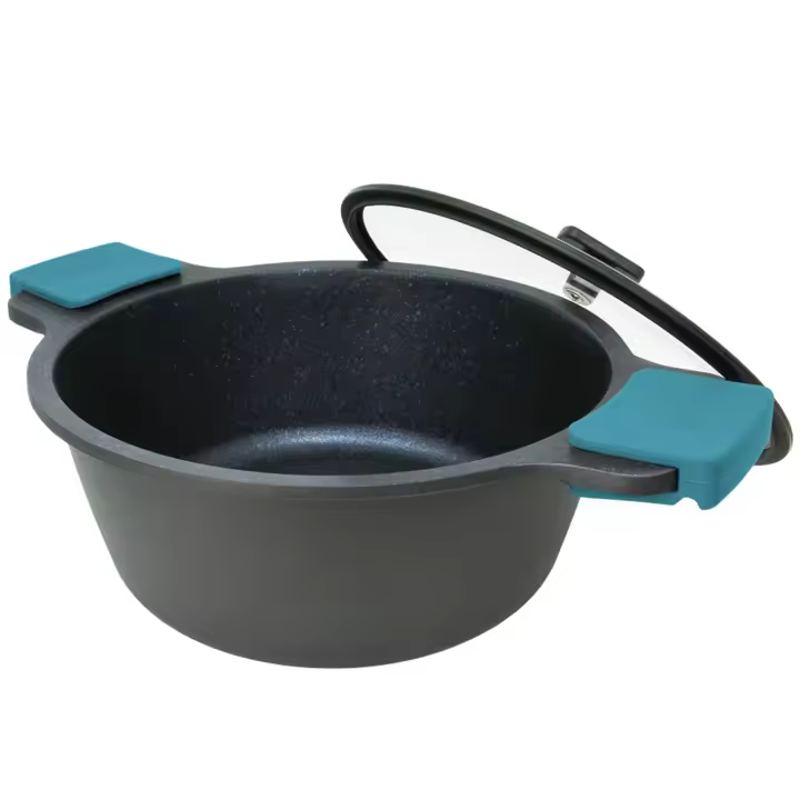 ARCOS Thera - Cacerola con Tapa (24 cm) - Aluminio Fundido - Recubrimiento Antiadherente - Tapa Cristal - Asas Silicona Azul - 1
