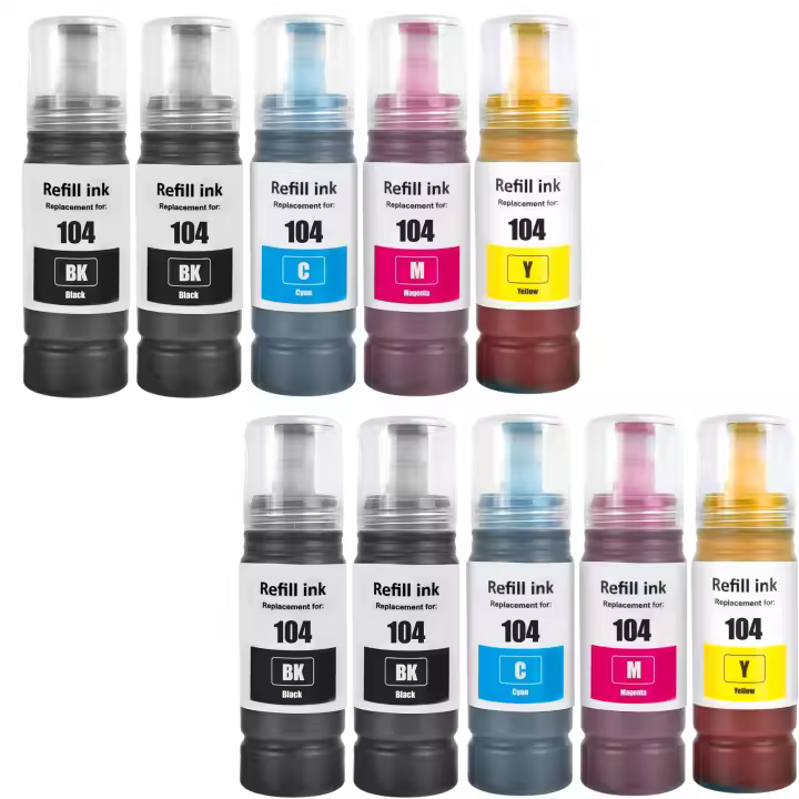 10 botellas de tinta Compatibles Epson 104 Botella de Tinta (NEGRO x4 + CIÁN x2 + MAGENTA x2 + AMARILLO x2) Epson EcoTank ET-2710 ET-2711 ET-2712 ET-2714 ET-2715 ET-2720 ET-2721 ET-2726 ET-4700 - 1