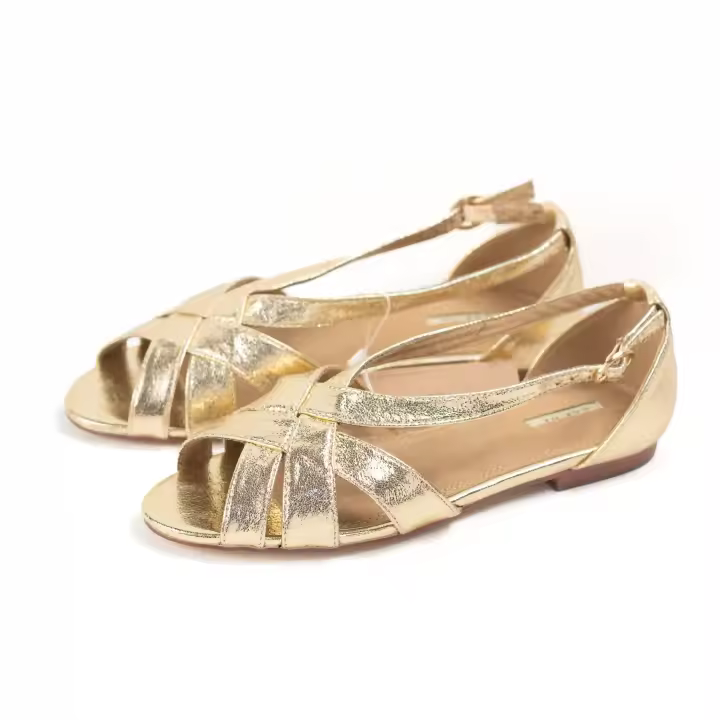 Sandalias doradas planas con tiras cruzadas y acabado metalizado, Zapatos para vestir estilo elegante con hebilla Corina Paloma Wang - 1