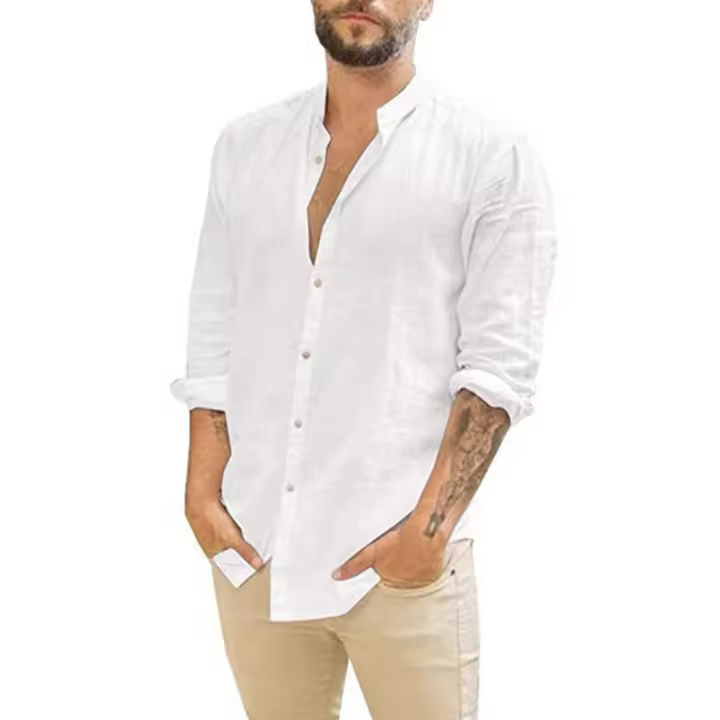 Camisa De Algodón Y Lino Para Hombre Estilo Playa Casual De Cuello Erguido Manga Larga Talla Grande Color Sólido Verano - 1