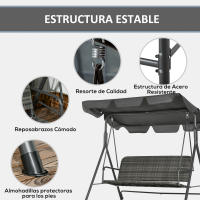 Outsunny Columpio de Jardín Exterior de 3 Plazas Balancín de Jardín Exterior con Toldo Ajustable Asiento de Ratán PE y Reposabrazos para Balcón Terraza Patio Carga 240 kg 167x112x153 cm - details 6