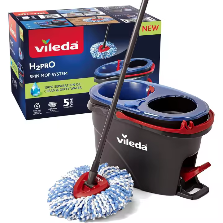 Vileda H2PrO Spin Sistema de Mopa, Doble Cámara de Separación de Agua, Escurrido sin Esfuerzo, Limpieza con Microfibra, Manos Libres, Diseño Ergonómico - 1