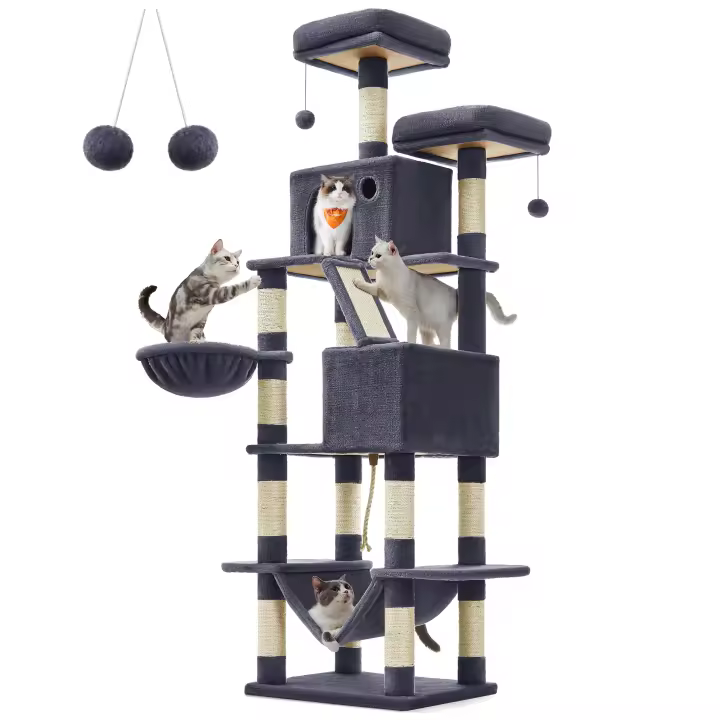 Feandrea Árbol para Gatos, XXL, Torre de Gatos de 206 cm de Altura con 13 Poste, 2 Plataformas, 2 Cuevas, Cesta, Hamaca, Pompón, Rascador Multinivel para Gatos Grandes, Beige/Blanco Crema/Gris Antracita/Gris Claro/Rosa Jalea/Negro Tinta/Marrón Camello - 1