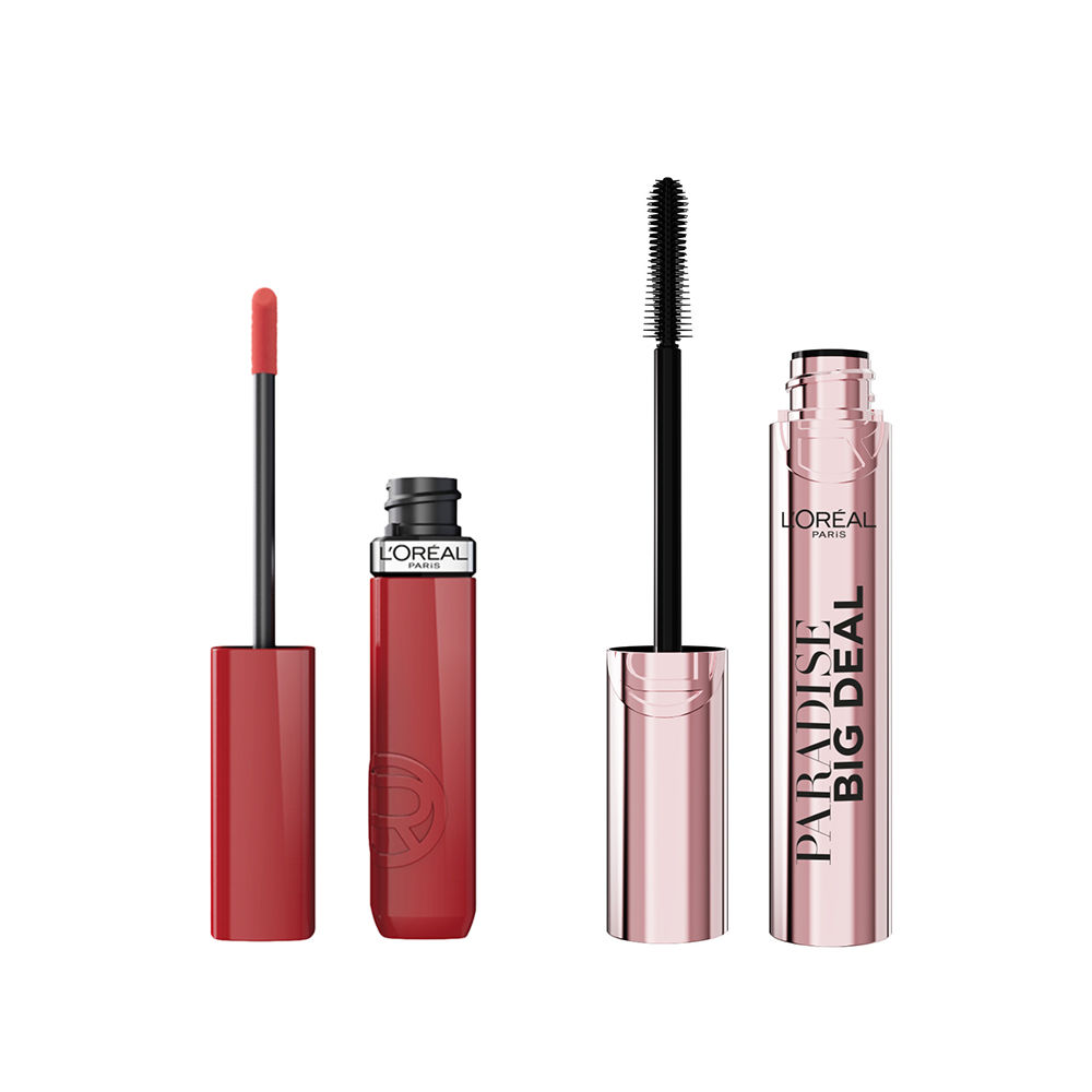 L'Oréal Paris | Pack Infaillible Laque Resistance - Pintalabios líquido de larga duración tono 215 Drunk In + Paradise Big Deal Máscara de Pestañas Volumen y longitud