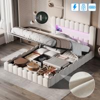 Cama tapizada 140x200 cm con LED en cabecero, cama capitoné beige con arcón de almacenaje y estructura de lino, sin colchón - details 2