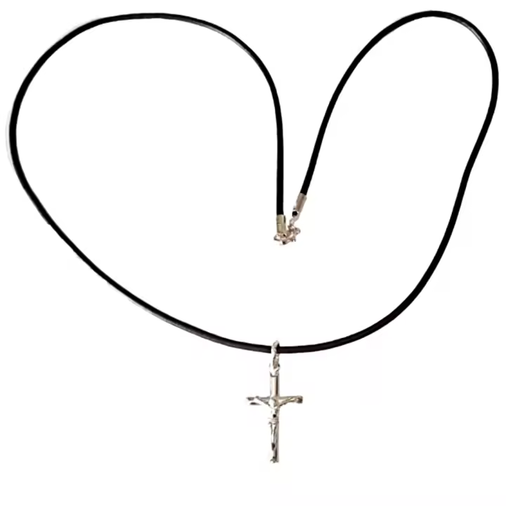 COLGANTE CRUZ Plata de Ley relieve de 25mm y cuero natural a 50 cm con Plata de Ley + bolsa de tela regalo - 1