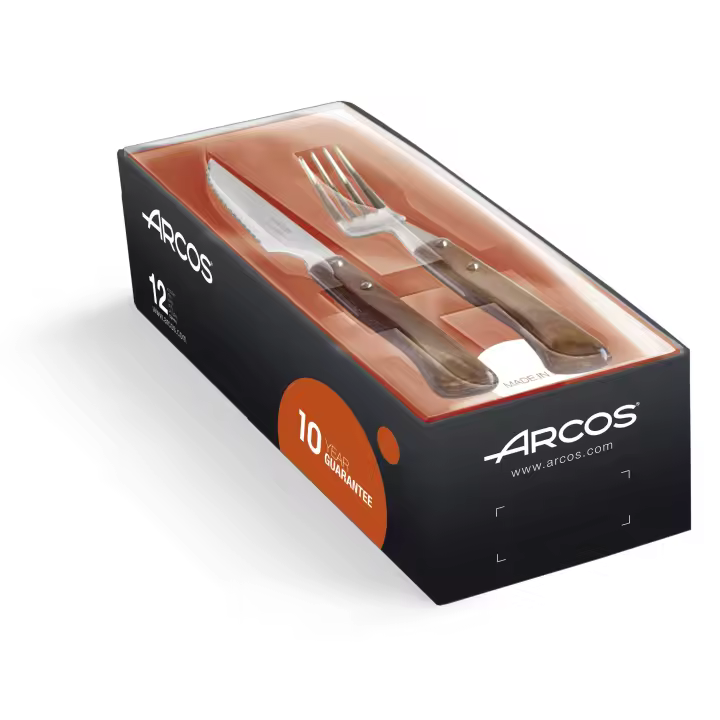 ARCOS Juego de 12 Cubiertos para Mesa. Set de 6 Cuchillos Chuleteros y 6 Tenedores en Madera de Haya y Acero Inoxidable. Estuche para Carne. Serie Mesa. Color Marrón - 1