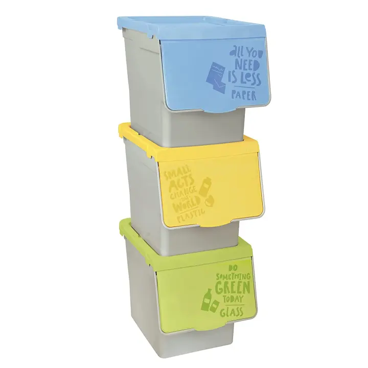 TIENDA EURASIA - Pack de 3 Cubos de Basura de Reciclaje de Cocina, 30L, Plástico, Sistema Apilable con Apertura Fácil - 1