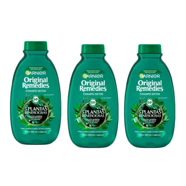 Garnier - Champú Original Remedies Té Verde & 5 Plantas detox para todo tipo de cabello, fórmula natural sin sulfatos, hidratante y antioxidante, 400 ml x 3 unidades - 1