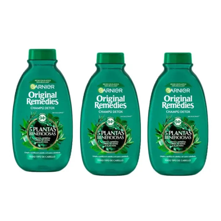 Garnier - Champú Original Remedies Té Verde & 5 Plantas detox para todo tipo de cabello, fórmula natural sin sulfatos, hidratante y antioxidante, 400 ml x 3 unidades - 1