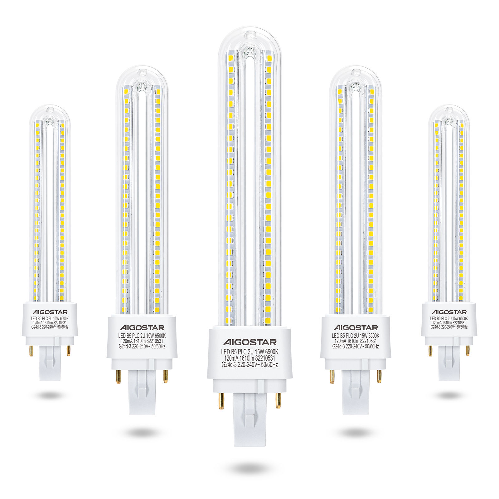 Aigostar Pack de 5 Bombillas LED PLC 2U, tubo de 11W/12W/15W, Maiz G24d-3, 2 Pines, Luz fría 6500K, No regulable