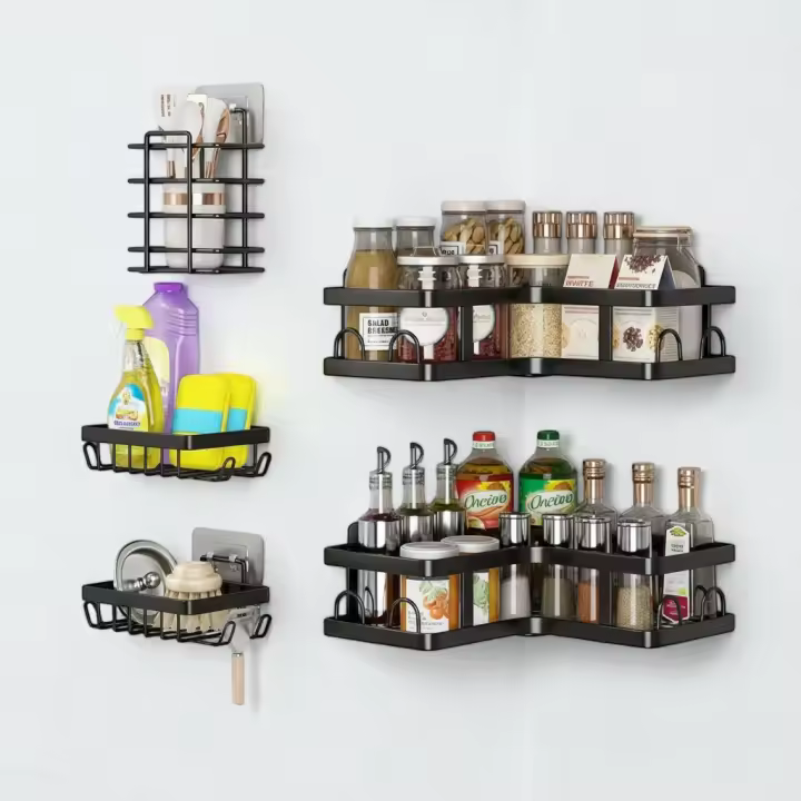 Conjunto estante cocina,baño aluminio 5piezas,INOXIDABLE,artículos de tocador, estante de almacenamiento esquinero, juego sin perforar de hierro forjado,Organizador de estante de baño,estante de esquina de cocina - 1