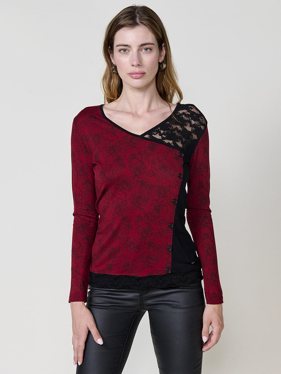 Koroshi Camiseta granate mujer manga larga con blonda y estampado floral