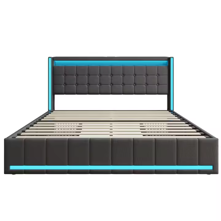 Cama de Matrimonio Tapizada 140x200 / 160x200 / 180x200 cm con LED y USB, Somier de Láminas y 4 Cajones, Gris o Beige - 1