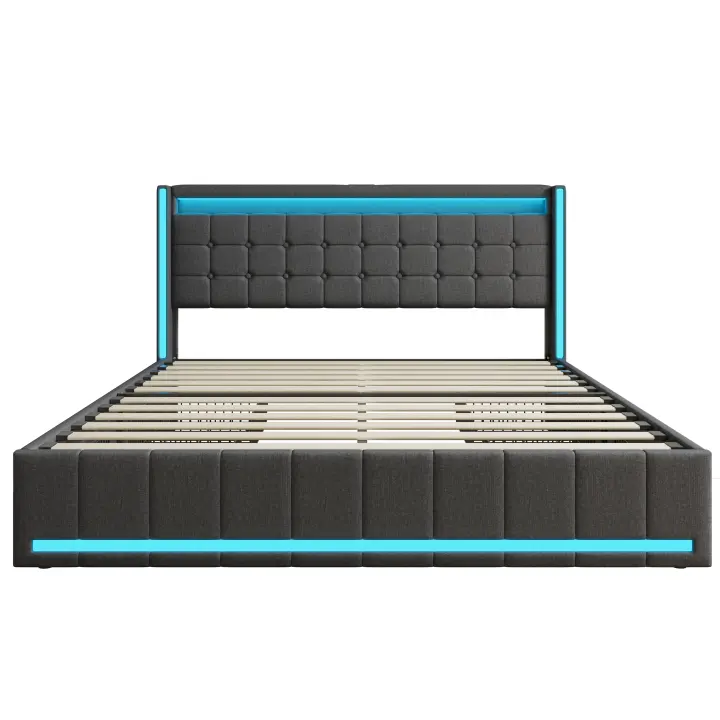 Cama de Matrimonio Tapizada 140x200 / 160x200 / 180x200 cm con LED y USB, Somier de Láminas y 4 Cajones, Gris o Beige - 1