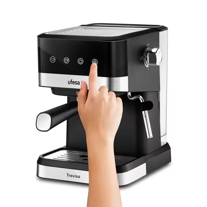 Ufesa - Cafetera Espresso Trevisso para café molido o monodosis con bomba de presión de 20 bares, vaporizador orientable y bandeja calienta-tazas, diseño en acero inoxidable fácil de limpiar - 1