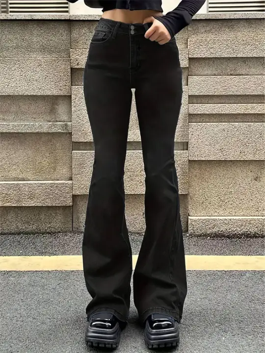 Jeans Flared Estirados Para Mujer Moda Skinny Bell Bottom Cintura Alta Pantalones Gris Denim Clásicos Y2K Punk Longos - 1
