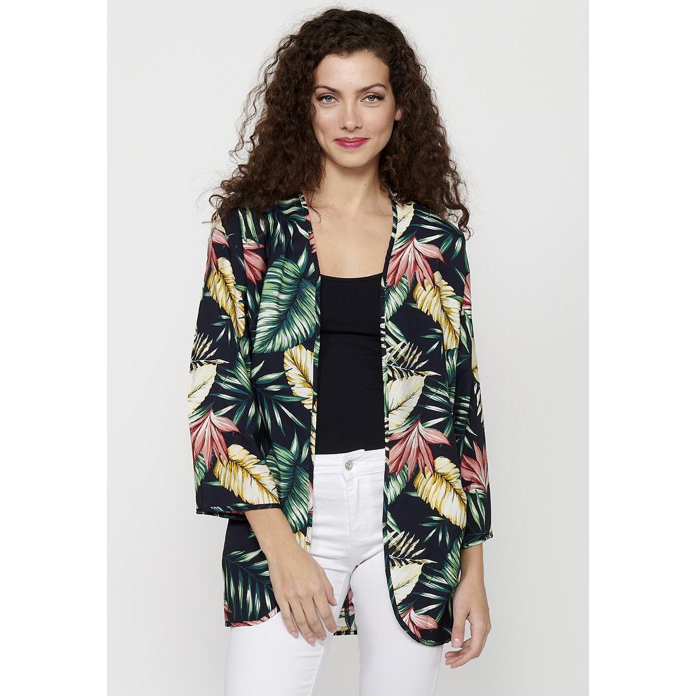 Koroshi Blusa abierta fluida de manga larga con estampado tropical de multicolor para mujer | moda actual