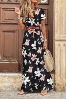 Vestido Bohemio De Manga Corta Con Cuello En V Y Cinturón Para Mujer Vestido Largo Floral Para Vacaciones De Verano - details 0
