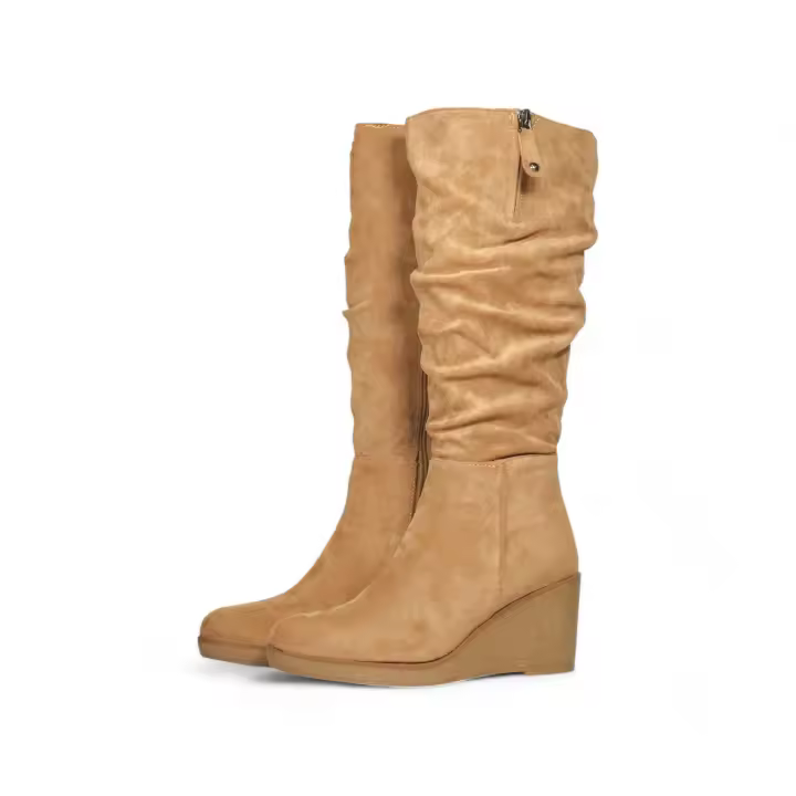 Botas altas de cuña con plataforma hasta la rodilla efecto ante de terciopelo yz2336 color marrón y negro - 1