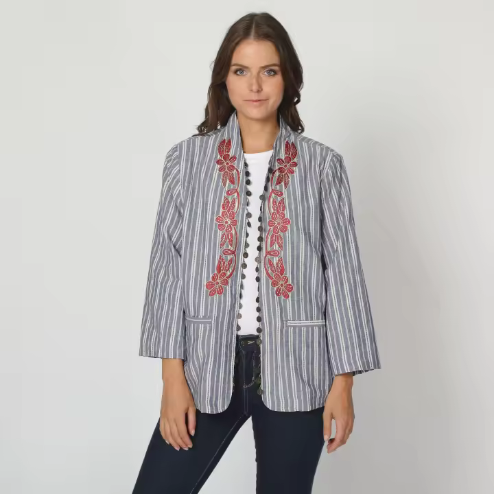 Blazer rayas bordado floral mujer estilo casual - Gris - 1