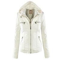 Chaqueta De Cuero Sintético Para Mujer Estilo Motociclista Con Capucha Negro Otoño-invierno Cierre De Cremallera Largo Regular - details 12