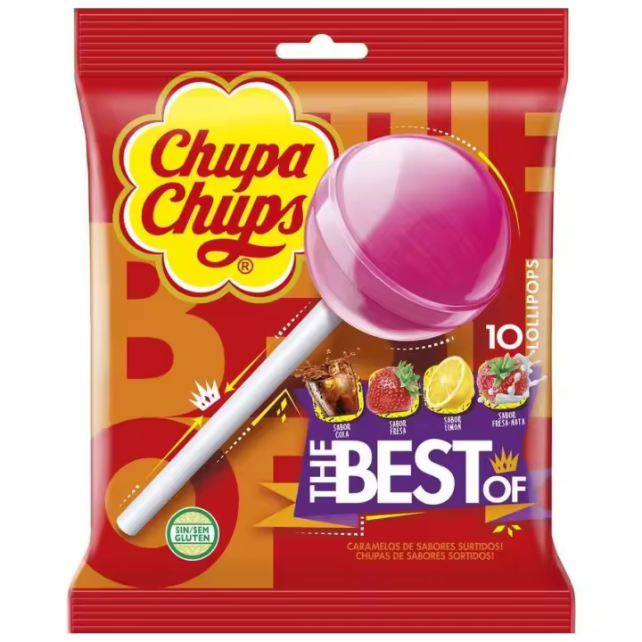 Chupa Chups The Best Of - Caramelo duro con palo de sabores variados: cola, fresa, limón y fresa-nata - Contiene 12 bolsas con 10 unidades cada una - 1