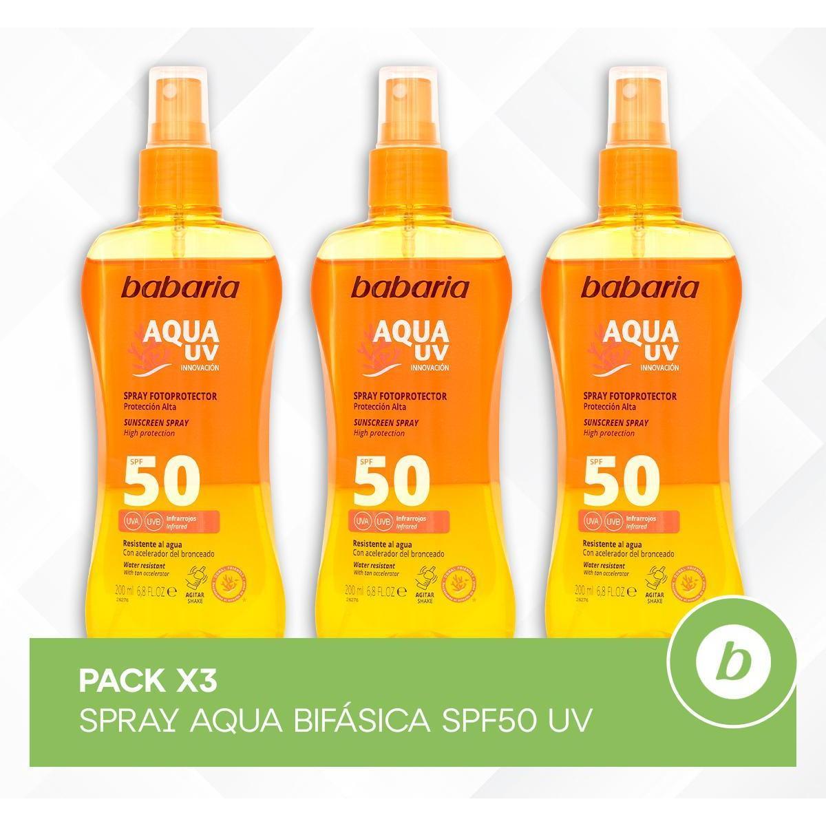 Babaria Pack 3x Spray Aqua Bifásica SPF50 UV: Spray Protector Bifásico SPF50 con Acelerador del Bronceado 200 ml