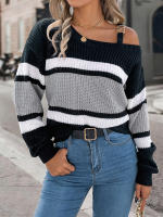 Suéter De Manga Larga Casual De Otoño E Invierno Para Mujer Con Rayas Y Color Contraste Hombros Descubiertos Cierre De Metal Ajustable - details 9