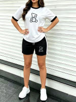 Conjunto De Verano Para Mujer Con Estampado De Oso Cartoon: Camiseta Corta Con Cuello Redondo Y Shorts Bandeado Suave Y Curativo Para Uso Diario Y Salidas Casual - details 6