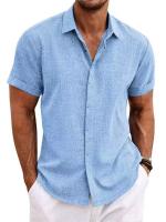 Camisa informal de manga corta para hombre - Doble botonadura en algodón/liño (color liso, alta calidad, ideal para verano y hogar) - details 5